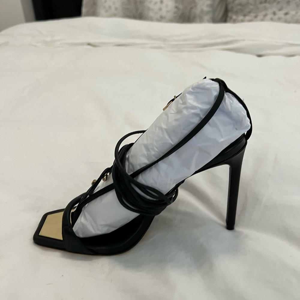 Schutz strapping black heel, gold trim, square toe